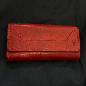 Frye Red Leather Tri-Fold Wallet Snap Closure
